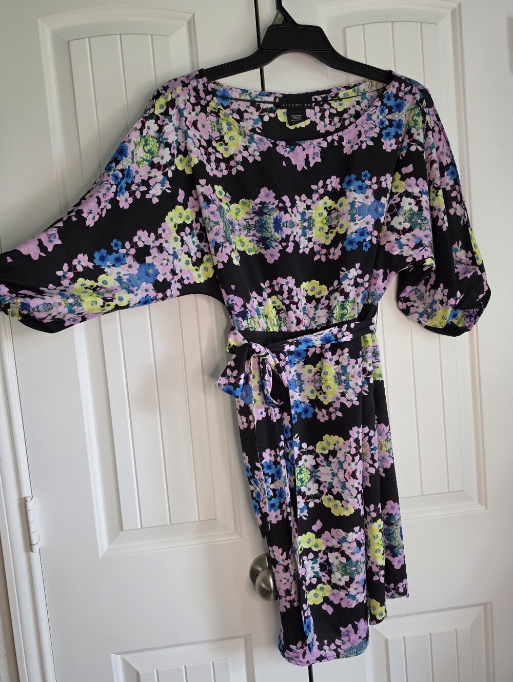ATTENTION Floral Belted Split Sleeve Mini Dress Large Black Pink Blue Kimono Sle
